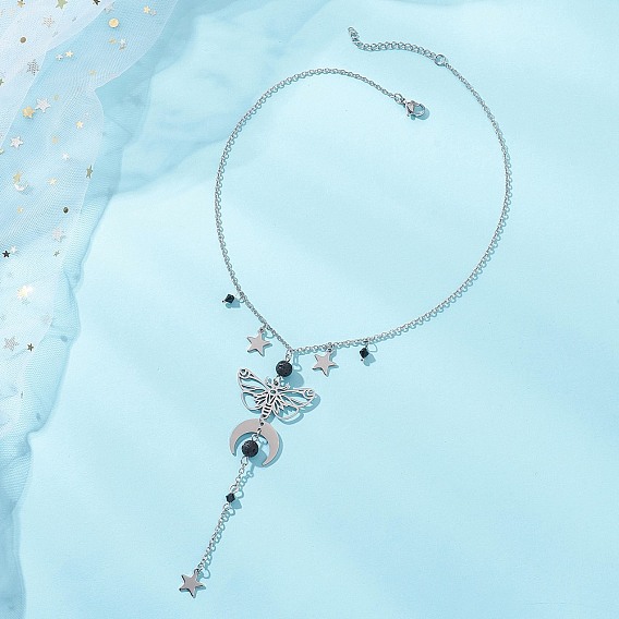 201 и 304 подвеска из нержавеющей стали в виде луны, звезды и бабочки, цепочка на шнурке, Круглые ожерелья из натуральной лавовой породы с длинными кисточками для женщин.