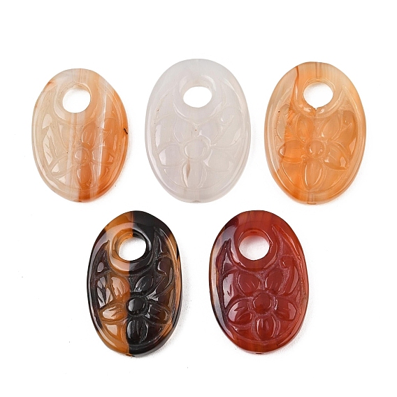 Natural Agate Carved Pendants, Oval with Flower Charms