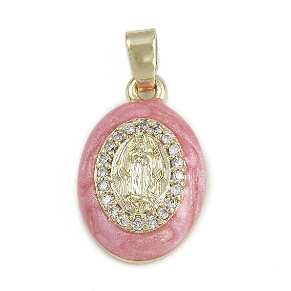 Латунные микропаве прозрачные подвески с фианитом, овальные с рисунками " virgin mary", с эмалью, без кадмия и без свинца, долговечный, реальный 18 k позолоченный