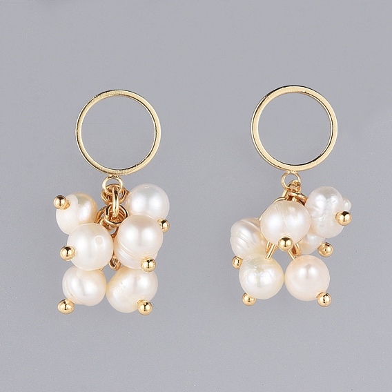 Dangle Stud Earrings, Cluster Earrings, with Natural Freshwater Pearl Beads, Brass Findings and Plastic Ear Nuts