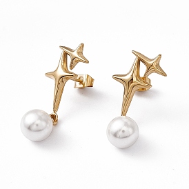 Plastic Imitation Pearl & Star Stud Earrings, Ion Plating(IP) 304 Stainless Steel Jewelry for Women
