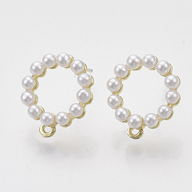 Alloy Stud Earring Findings, with ABS Plastic Imitation Pearl, Raw(Unplated) Pin and Loop, Round Ring