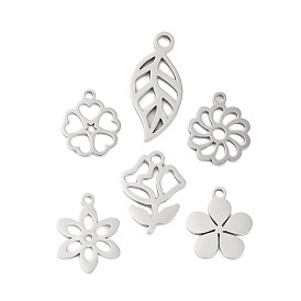 316 Stainless Steel Charms, Laser Cut, Stainless Steel Color, Flower & Leaf Charm