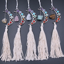 Gemstone Cotton Tassel Pendant Decorations, 7 Chakra Moon Hanging Car Ornaments