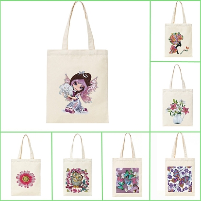 DIY Reusable Shopping Bag Diamond Painting Kits, Including Resin Rhinestones, Pen, Tray & Glue Clay, Tree/Human/Angel/Fairy/Animal/Heart/Flower Pattern