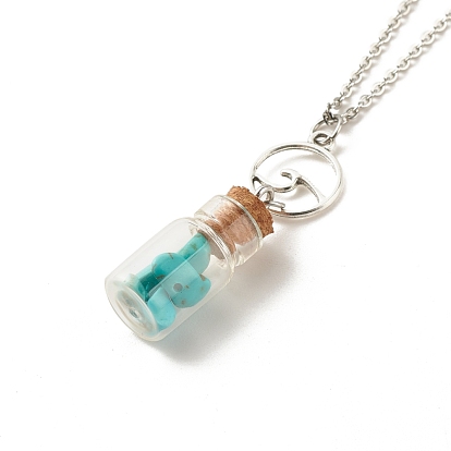 Glass Bottle with Synthetic Turquoise Chips Pendant Necklace, Wish Bottle Necklace with Alloy Wave Charm for Women