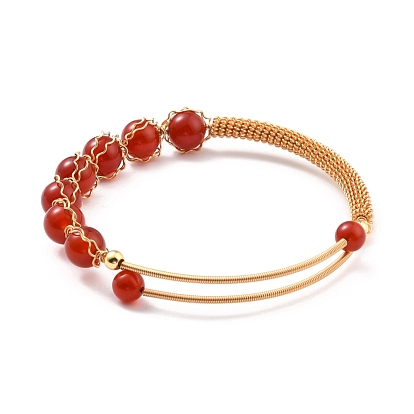 Natural Gemstone Beaded Cuff Bangle, Golden Brass Wire Wrapped Open Bangle for Women, Lead Free & Cadmium Free