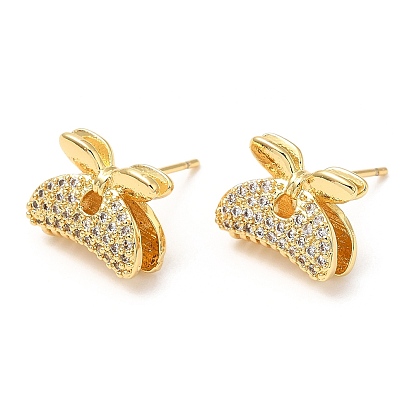 Rack Plating Brass Hair Clip Shape Stud Earrings with Cubic Zirconia, Lead Free & Cadmium Free
