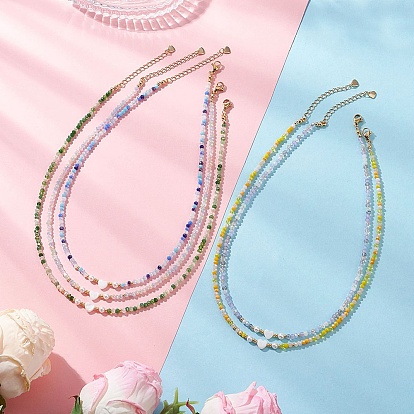 Ожерелья из натуральных ракушек в форме сердца и граненых бусин-ронделей из стекла с покрытием цвета AB., с 304 из нержавеющей стали Lobster Claw застежками, золотые