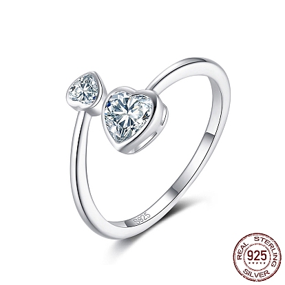 925 Sterling Silver Finger Ring, Double Heart Cubic Zirconia Cuff Ring for Women, with S925 Stamp