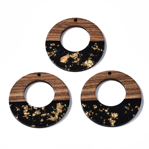 Resin & Walnut Wood Pendants, with Gold Foil, Two Tone, Donut