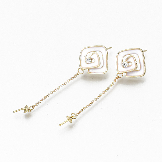 Brass Micro Pave Clear Cubic Zirconia Stud Earring Findings, with White Enamel, For Half Drilled Beads, Nickel Free, Vortex Kite Shape