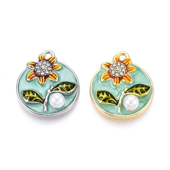 Подвески из сплава с покрытием из стразов и эмали, плоские круглые и цветок, с ABS имитации жемчуга