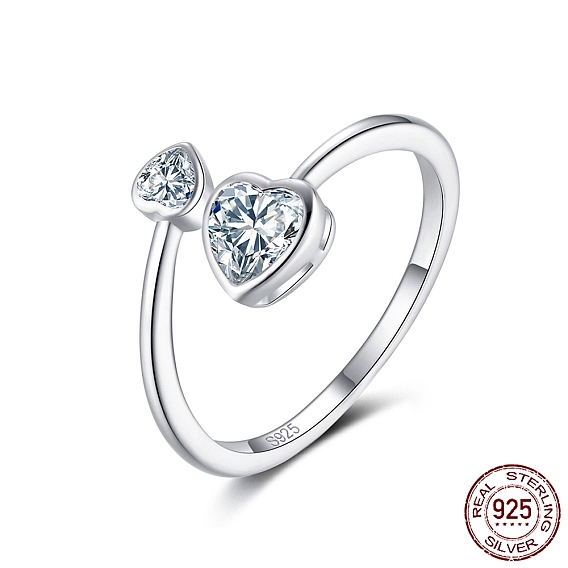 925 Sterling Silver Finger Ring, Double Heart Cubic Zirconia Cuff Ring for Women, with S925 Stamp