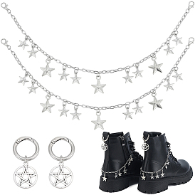 4шт. 2 стили латунные витые цепочки, цепочки для ремешков сапог и наборы подвесок для обуви из сплава, с подвеской из звездного сплава и застежкой-карабином