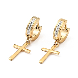 Crystal Rhinestone Cross Dangle Hoop Earrings with 316 Stainless Steel Pins, Vacuum Plating 303 Stainless Steel Jewelry for Women