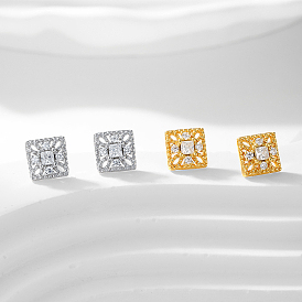 S925 Sterling Silver Square Stud Earrings, with Clear Cubic Zirconia