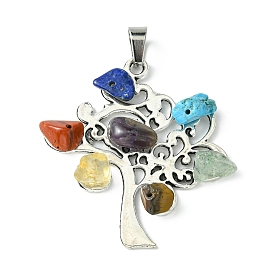 Chakra Gemstone Pendants, Tree of Life Charms with Antique Silver Plated Alloy Findings