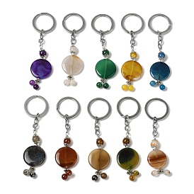 Iron with Alloy Natural Agate Pendant Keychain, Dyed, Flat Round