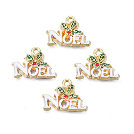 Rack Plating Alloy Enamel Pendants, Cadmium Free & Nickel Free & Lead Free, Light Gold, Holly Leaves/Christmas Mistletoe with Word Noel