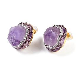 Rack Plating Brass With Nature Amethyst Gemstone, With Rhinestone
 Handmade Indonesia Stud Earrings. Long-Lasting Plated, Cone