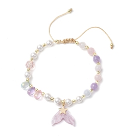 Плетеные браслеты из бусин из натурального аквамарина, розового кварца и аметиста для женщин, рыбий хвост и звезда, с гальваническим покрытием из немагнитных синтетических гематитовых бусин и бусин из ракушечного жемчуга