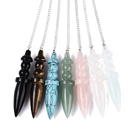 Natural & Synthetic Gemstone Dowsing Pendulum Pointed Pendants, with Iron Chain & Glass, Bullet Charms, Silver Color Plated
