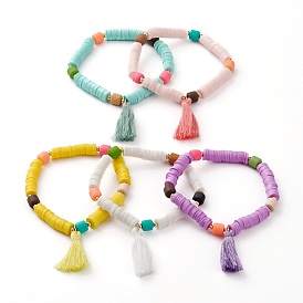 Polymer Clay Heishi Beads Stretch Charm Bracelets, with Brass Round Beads and Cotton Thread Tassels