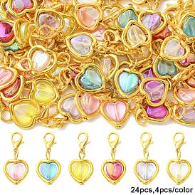 24pcs 6 couleurs décorations pendentif en acrylique et alliage, avec alliage homard fermoirs pince, cœur, or