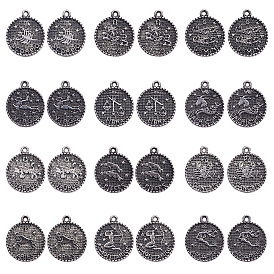 Tibetan Style Alloy Pendants, Flat Round with Constellation/Zodiac Sign