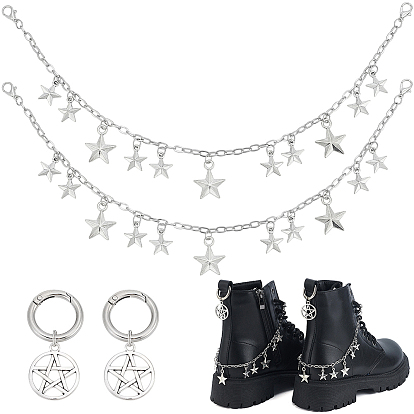 4шт. 2 стили латунные витые цепочки, цепочки для ремешков сапог и наборы подвесок для обуви из сплава, с подвеской из звездного сплава и застежкой-карабином