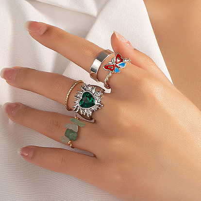 Natural Stone Green Crystal Handmade Ring Love Flame Butterfly Ring Five-Piece Set