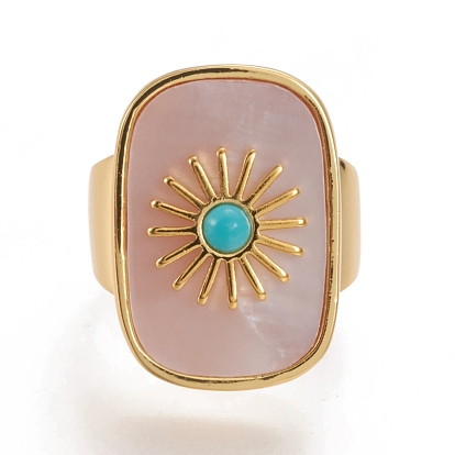 Brass Cuff Rings, Open Rings, with Natural Shell & Gemstone, Long-Lasting Plated, Real 18K Gold Plated, Rectangle with Sun
