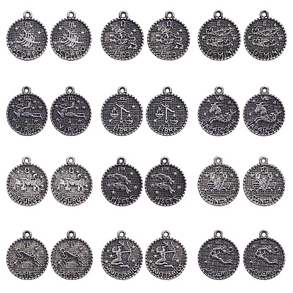 Tibetan Style Alloy Pendants, Flat Round with Constellation/Zodiac Sign