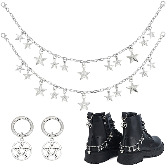 4шт. 2 стили латунные витые цепочки, цепочки для ремешков сапог и наборы подвесок для обуви из сплава, с подвеской из звездного сплава и застежкой-карабином