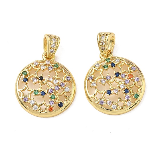Brass Micro Pave Colorful Cubic Zirconia Pendants, Flat Round with Star Charms