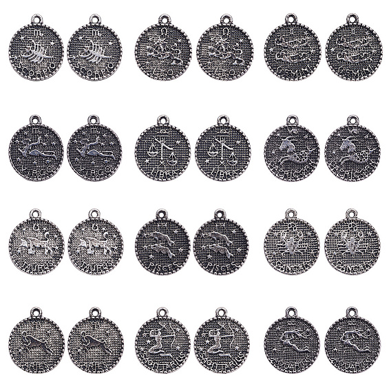 Tibetan Style Alloy Pendants, Flat Round with Constellation/Zodiac Sign