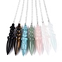 Natural & Synthetic Gemstone Dowsing Pendulum Pointed Pendants, with Iron Chain & Glass, Bullet Charms, Silver Color Plated