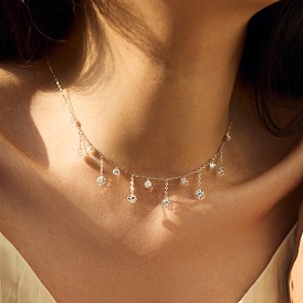 Прозрачный кубический цирконий плоский круглый кулон с кисточкой 925 цепочки из стерлингового серебра для женщин, родий