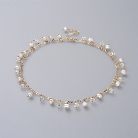 Beaded Necklaces, with Natural Pearl, Glass Beads, Brass Cable Chains and Lobster Claw Clasps