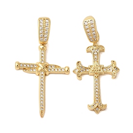 Rack Plating Brass Micro Pave Clear Cubic Zirconia Perdants, Cadmium Free & Lead Free, Long-Lasting Plated, Corss