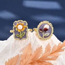 Кольца-манжеты с цветочным узором из латуни, эмали и натурального пресноводного жемчуга для женщин, золотые