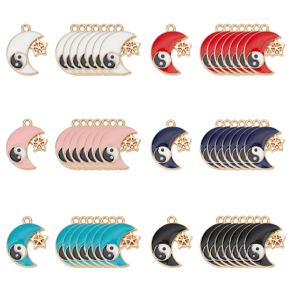 48 pcs 6 pendentifs en émail en alliage de placage de rack de couleurs, sans cadmium et sans nickel et sans plomb, lune avec étoile et yin yang, or et de lumière
