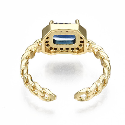 Brass Micro Pave Cubic Zirconia Cuff Rings, Open Rings, Rectangle Octagon, Curb Chain, Real 16K Gold Plated, Nickel Free