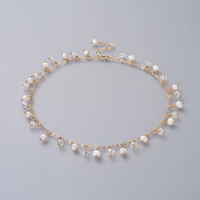 Beaded Necklaces, with Natural Pearl, Glass Beads, Brass Cable Chains and Lobster Claw Clasps