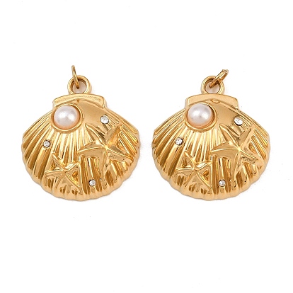 304 подвески из нержавеющей стали, формы раковины, с пластиковой искусственной жемчужиной и стразами, ионное покрытие (ip), с целью перехода в кольце