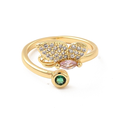 Colorful Cubic Zirconia Butterfly Open Cuff Ring, Rack Plating Brass Jewelry for Women, Cadmium Free & Lead Free