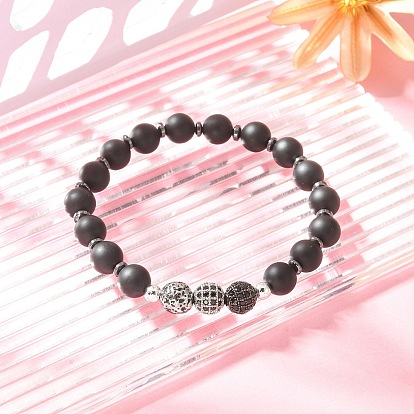 Natural Black Agate & Synthetic Hematite & Cubic Zirconia Round Beaded Stretch Bracelet