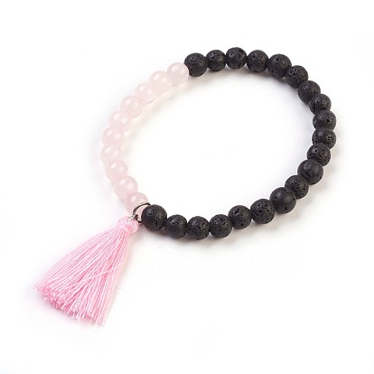 Pulseras elásticas de roca de lava natural y piedras preciosas naturales., con colgantes de borlas de hilo de algodón