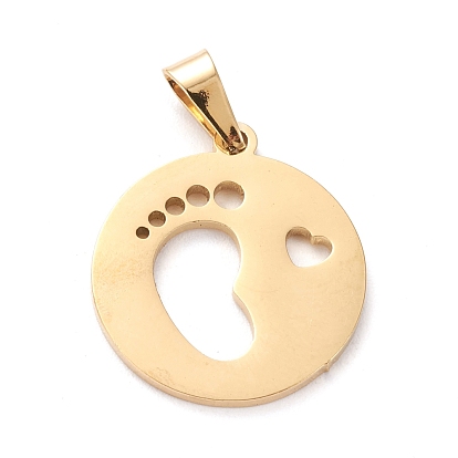 304 Stainless Steel Pendants, Laser Cut, Hollow, Flat Round with Baby 
Footprint & Heart